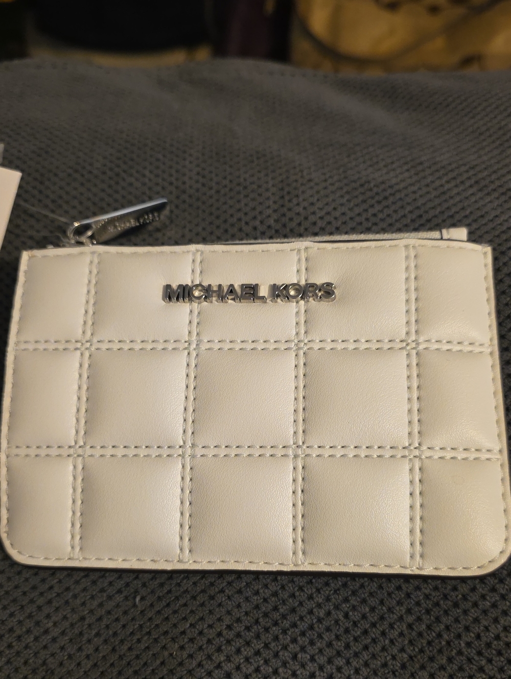 Michael Kors White Quilted Leather Card Case with Key Ring